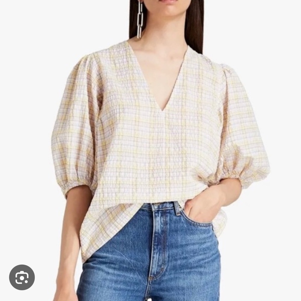 GANNI | Puff Sleeve V-Neck Plaid Check Seersucker Top - size Medium